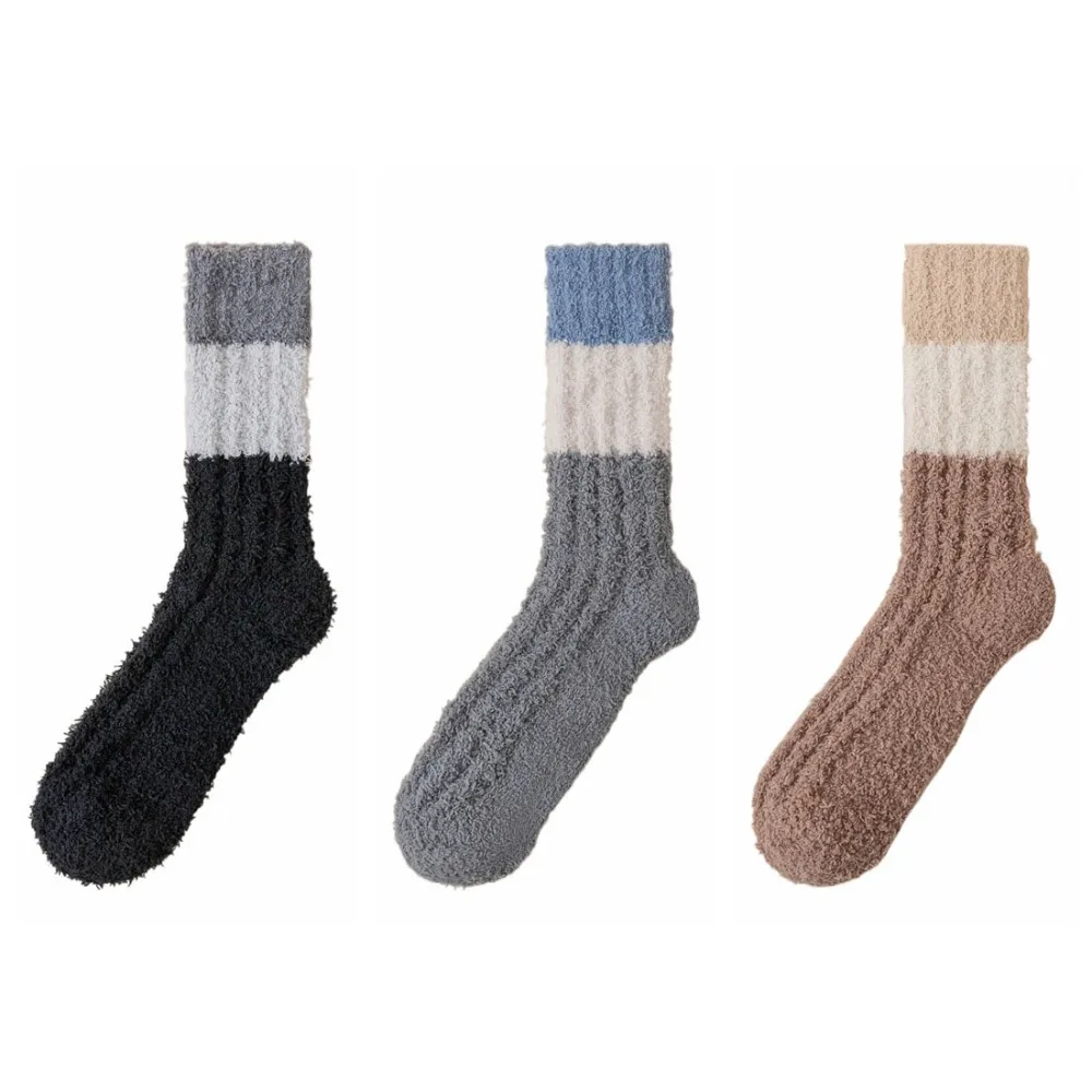 

3Pairs Solid Color Thickened Coral Fleece Socks Stripe Winter Floor Plush Socks Sleeping Hosiery Mid Tube Socks Women Autumn