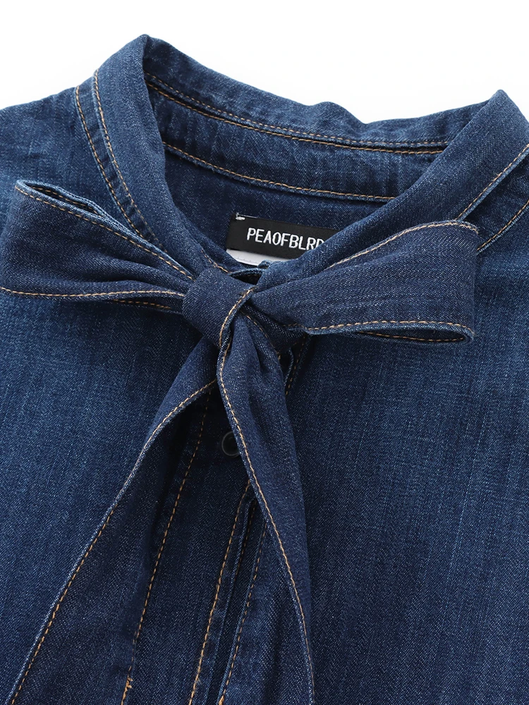 KAOPU ZA Women with bow patch pocket denim shirt vintage lapel-neck long sleeves button-up female blouses blusas chic tops