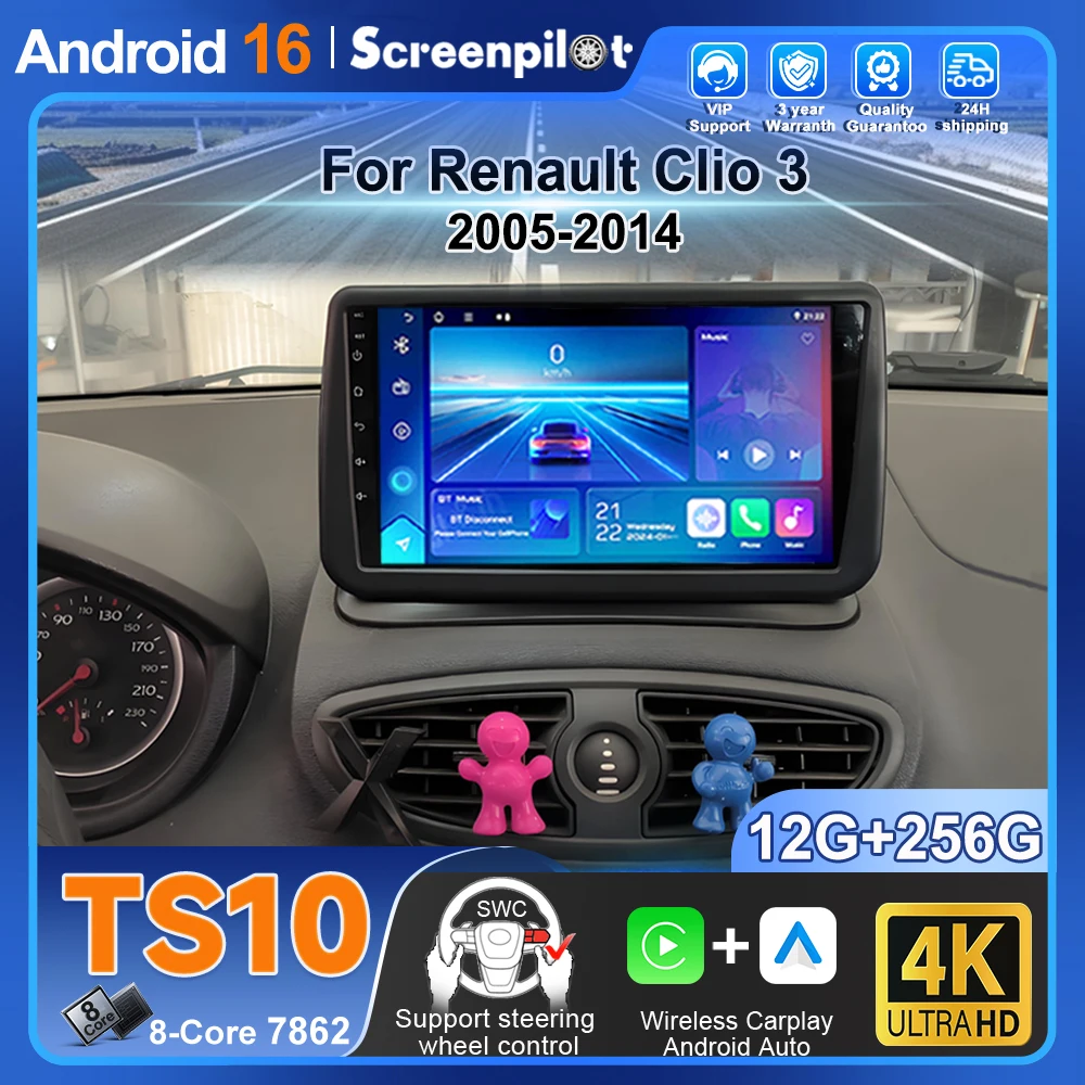 

For Renault Clio 3 2005-2014 Android 16 Auto Radio Stereo Multimidia Player Gps Navigation Carplay Qled Touch Screen Bt Car Gps