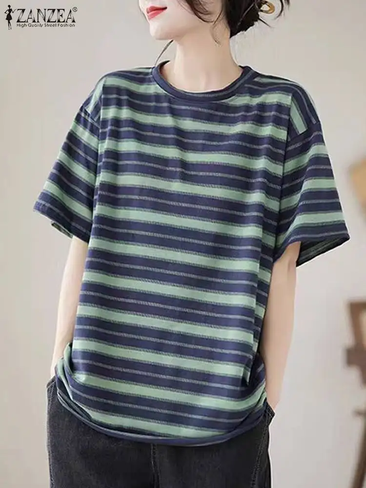 ZANZEA Women Oversized Striped T Shirt Fashion Korean Short Sleeve Tunics Holiday O-Neck Tee Casual Loose Colorblock Tops Femme