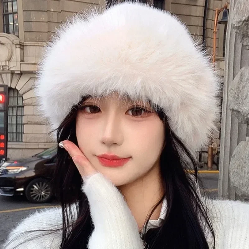 Winter Warm Plush Hats Women Girls Solid Color Simple Fluffy Bucket Hats Casual Comfortable Elegant Fur Caps Fashion Accessories