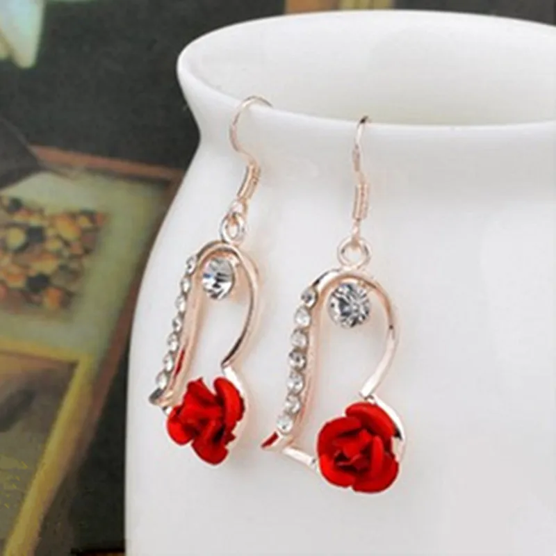 Vintage Red Rose Earrings Rose Gold Color Crystal Rhinestone Pearl Butterfly Flower Stud Earrings  Women Gifts Wedding Jewelry