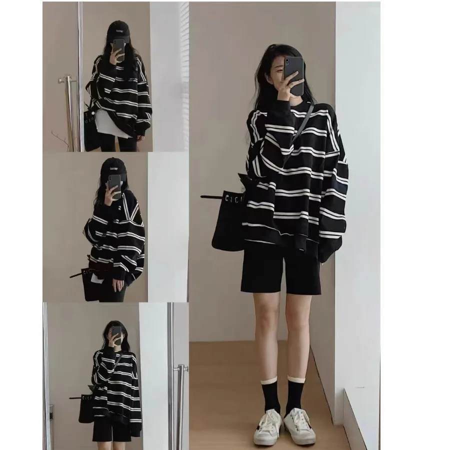 Autumn Loose-fit O Neck Black Striped Long Sleeve Sweatshirt Women Fall Casual Lazy Plus Size Top Trendy Pullovers Clothing