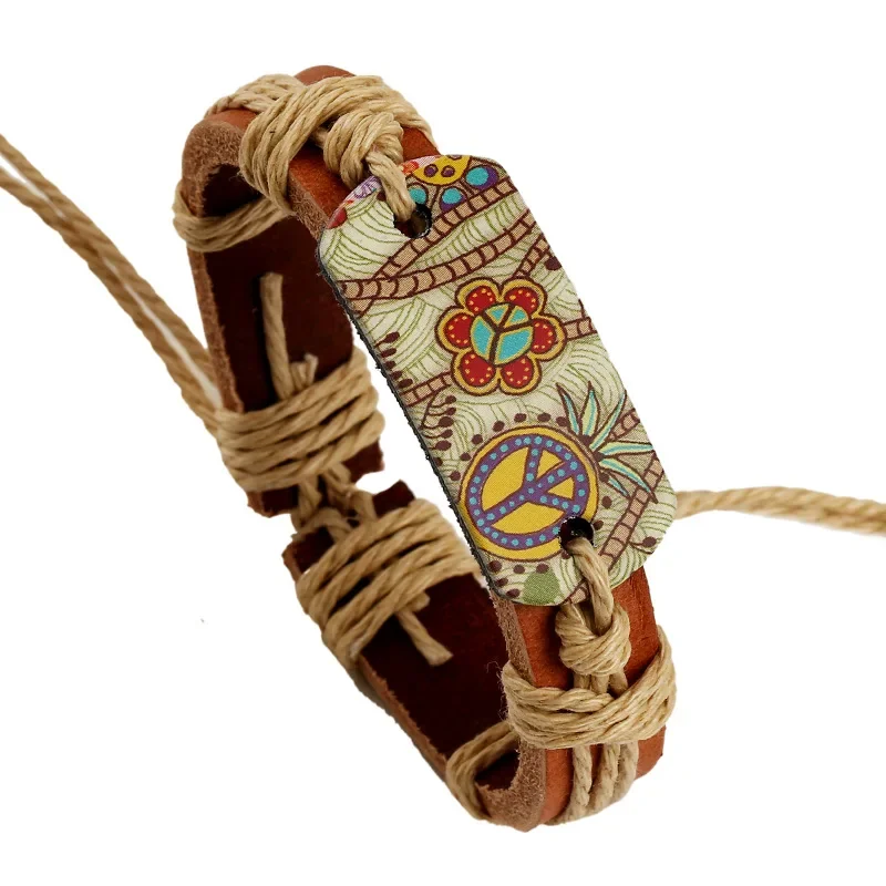 Vintage Style Hot Stamping Craft and Peace Logo Bracelet Hemp Rope Woven Brown Cowhide Popular Friendship Bracelets image 6