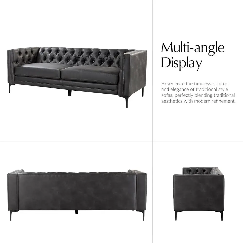Sofá auxiliar de cuero de 84 anchos con patas de metal, 3 plazas capitoné con botones, sofá tapizado moderno del siglo para sala de estar, Charco