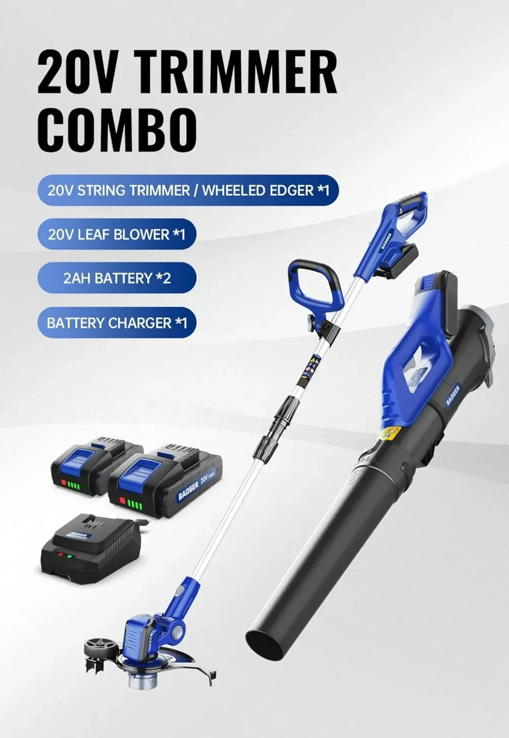 20V Leaf Blower with 2 * 2Ah Battery & Charger, String Trimmer, Lightweight, Adjustable Telescopic Shaft, Fast-Charging