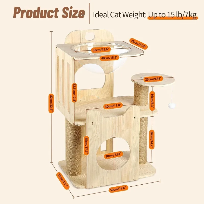 

Cat Tree Tower, 32" Tall Wood Cat House Condo with Scratching Post, Tower with Clear Space Capsule Detachable Furniture