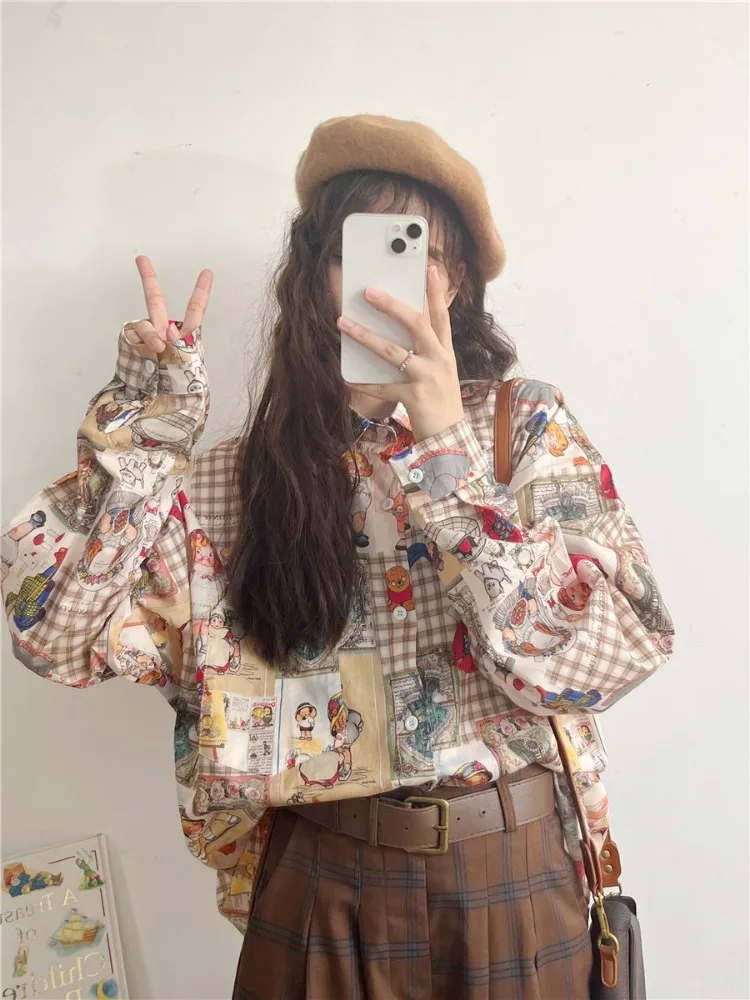 Vintage Kawaii Cartoon Printing Grunge Shirts Women Single Breasted Oversized Blouses Japanese Casual Harajuku Blusas Outerwear