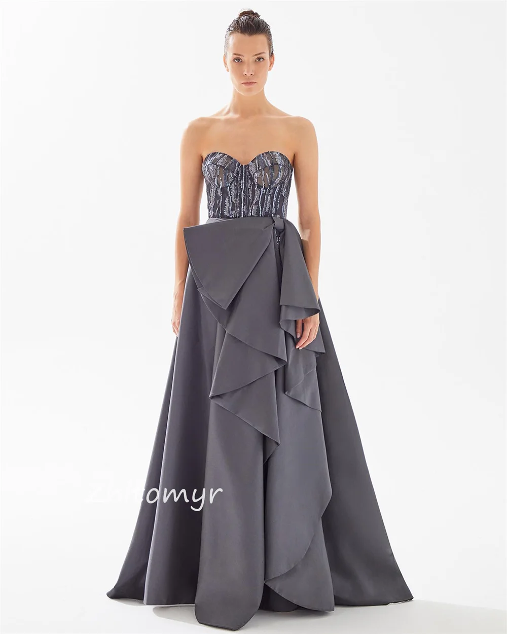 Mesprit Mode Elegante Strapless Baljurk Kralen Strikken Gedrapeerd Op De Grond Lengte Rokken Charmeuse Prom Jurken