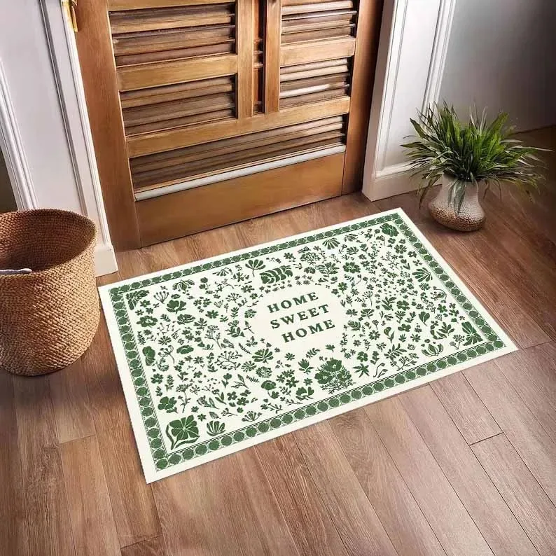 Fresh Green Plant Flower Entryway Doormat Dark Green Line Plant Pattern Durable Cozy Home Decor Mat