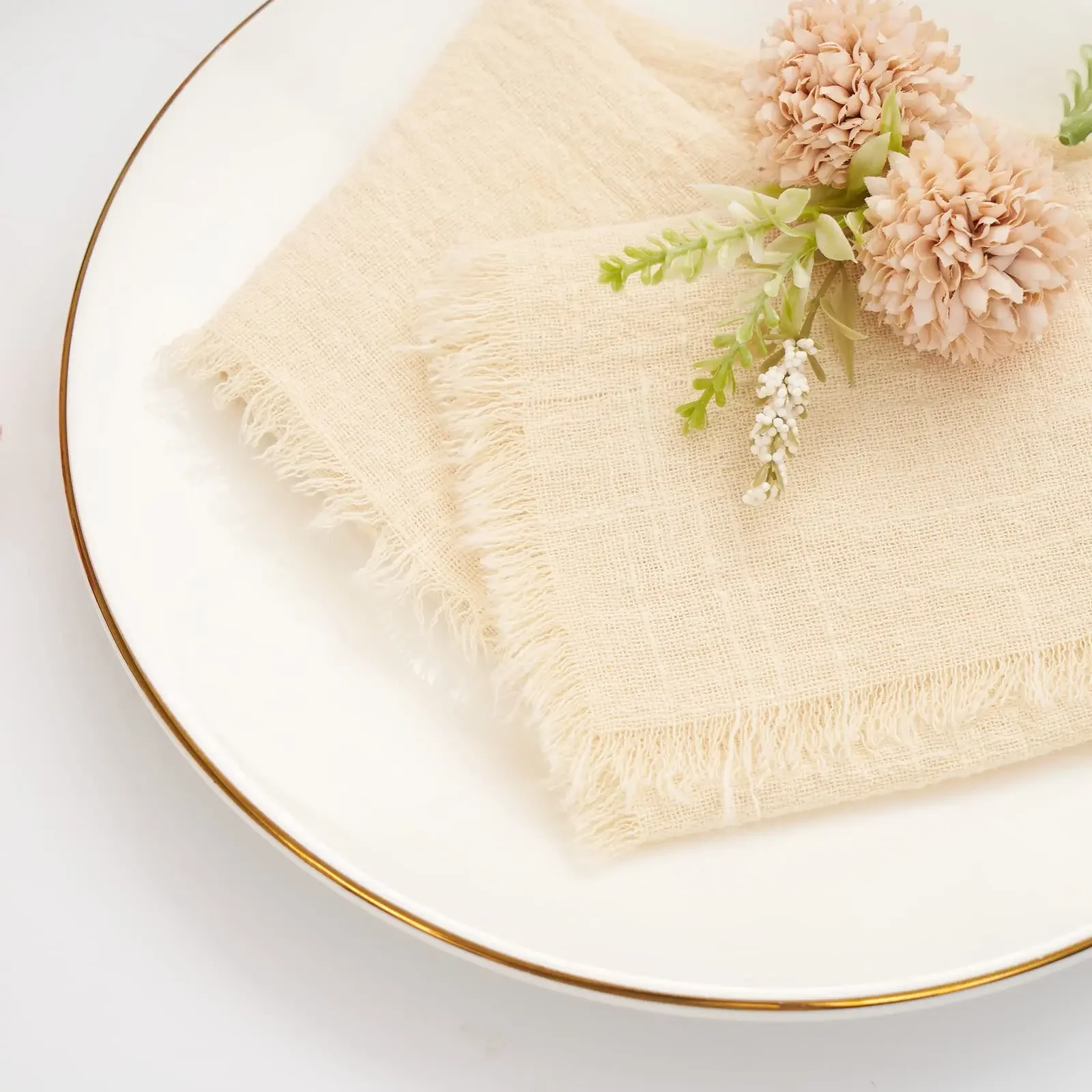 10Pcs 32x32cm Handmade Cloth Napkins with Fringe, Delicate Rustic Decorative Table Napkins for Wedding/Dinner/Party