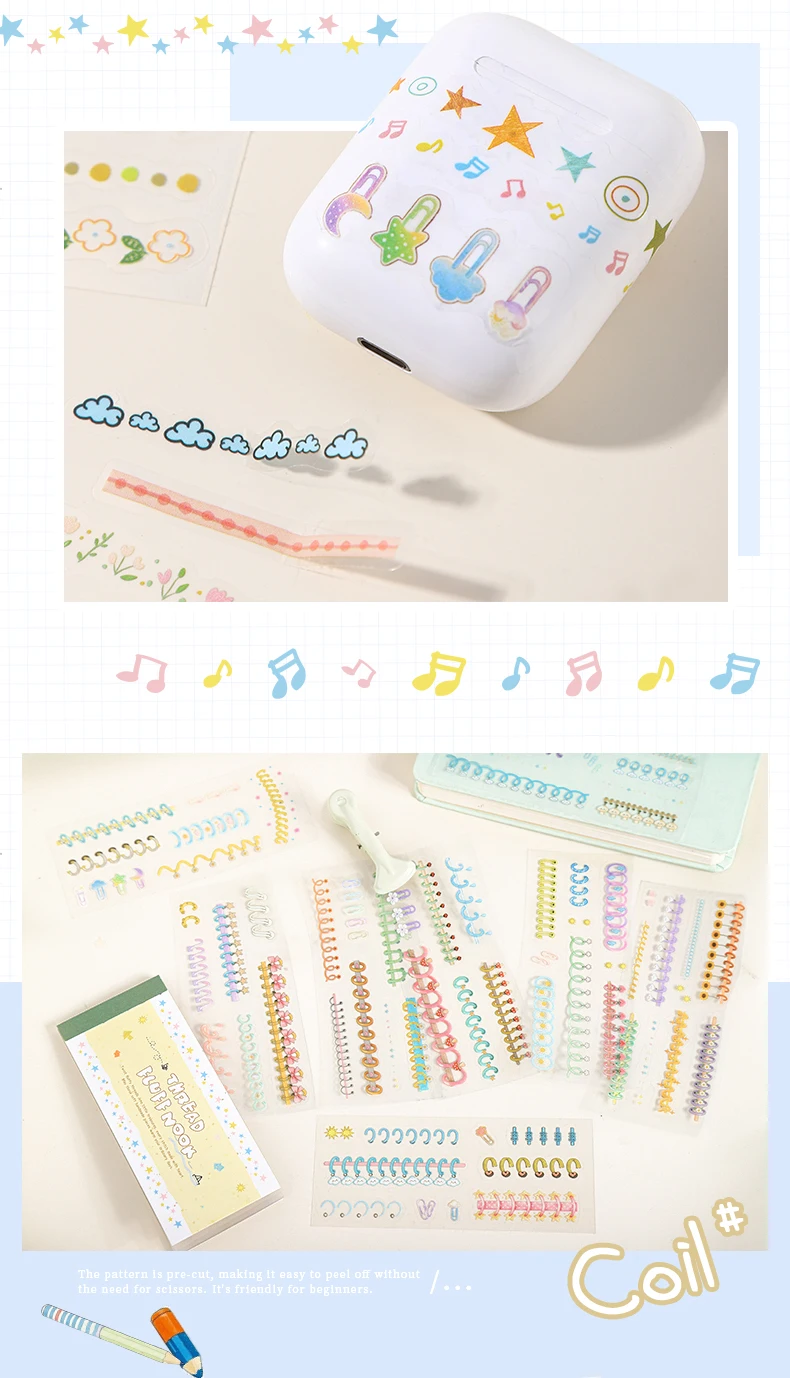 Journal GO 24pcs Thread Fluff Nook PET Stickers Lace Line Coil & Pen Decals for Journaling Scrapbooking Mobile Card DIY Crafts