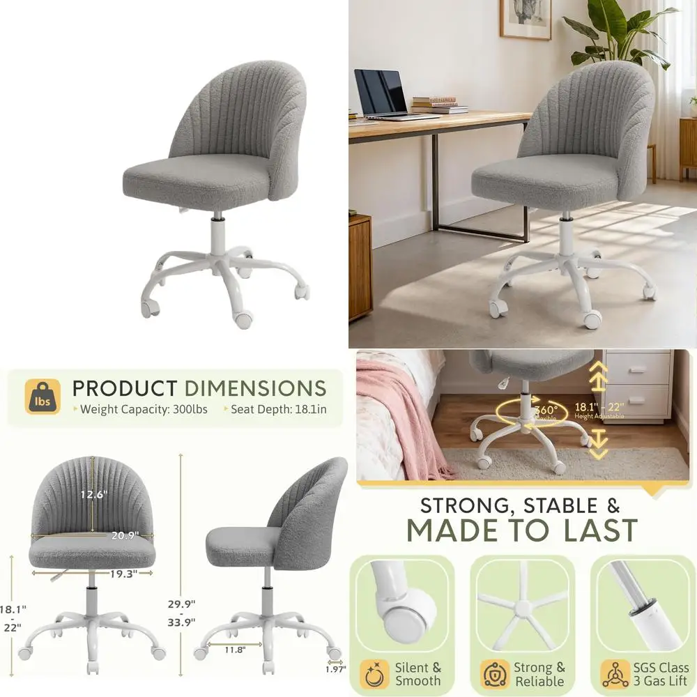 

Adjustable Swivel Ergonomic Desk Chair with Wheels, Teddy Velvet, Grey