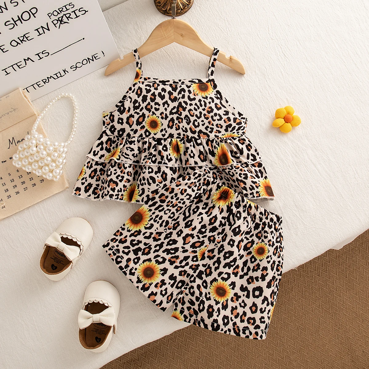 

2pc/Set Children's Costume Summer Leopard And Sunflower Pattern Sling Children Clothes Cute Beach Toddler Girl Clothes