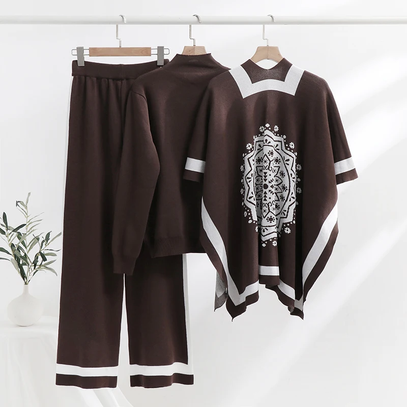 Elegant Floral Stamp Knitted Three-Piece Suit Autumn Winter Knit Top and Wide Leg Pants Set Casual 3 Piece Shawls Set For Women