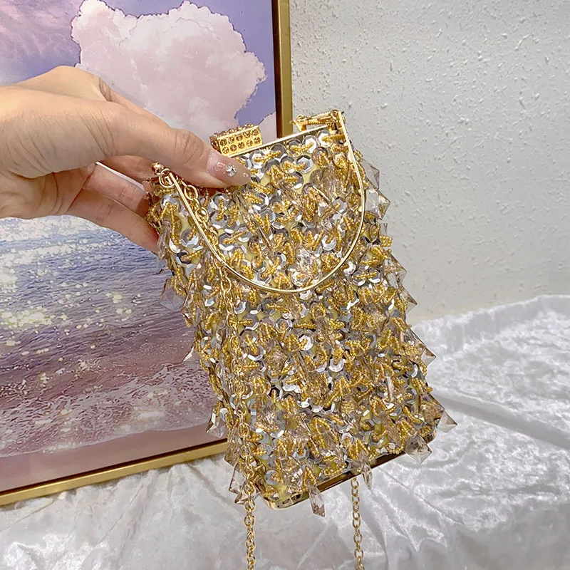 

Vintage metal premium sense beaded shiny sequined box bag celebrity temperament dinner party messenger bag
