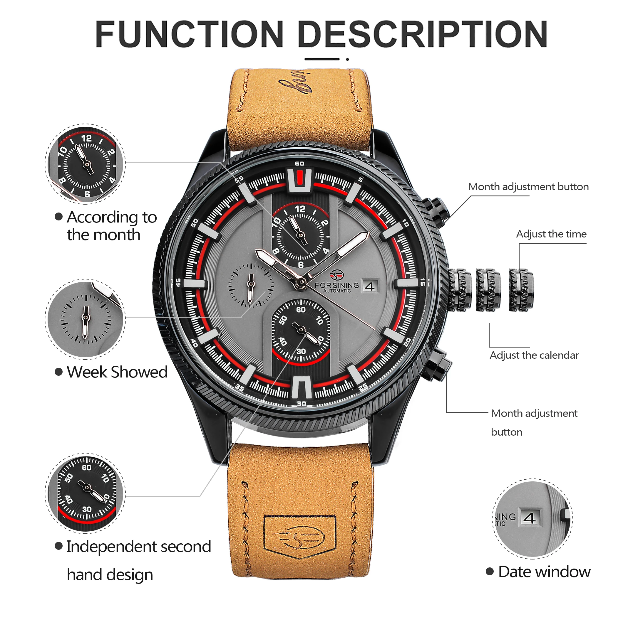 Forsining 3 Dial Clock Sport Military Mens Watch Calendar Classic Automatic Mechanical Watch Genuine Leather Outdoor Wristwatch