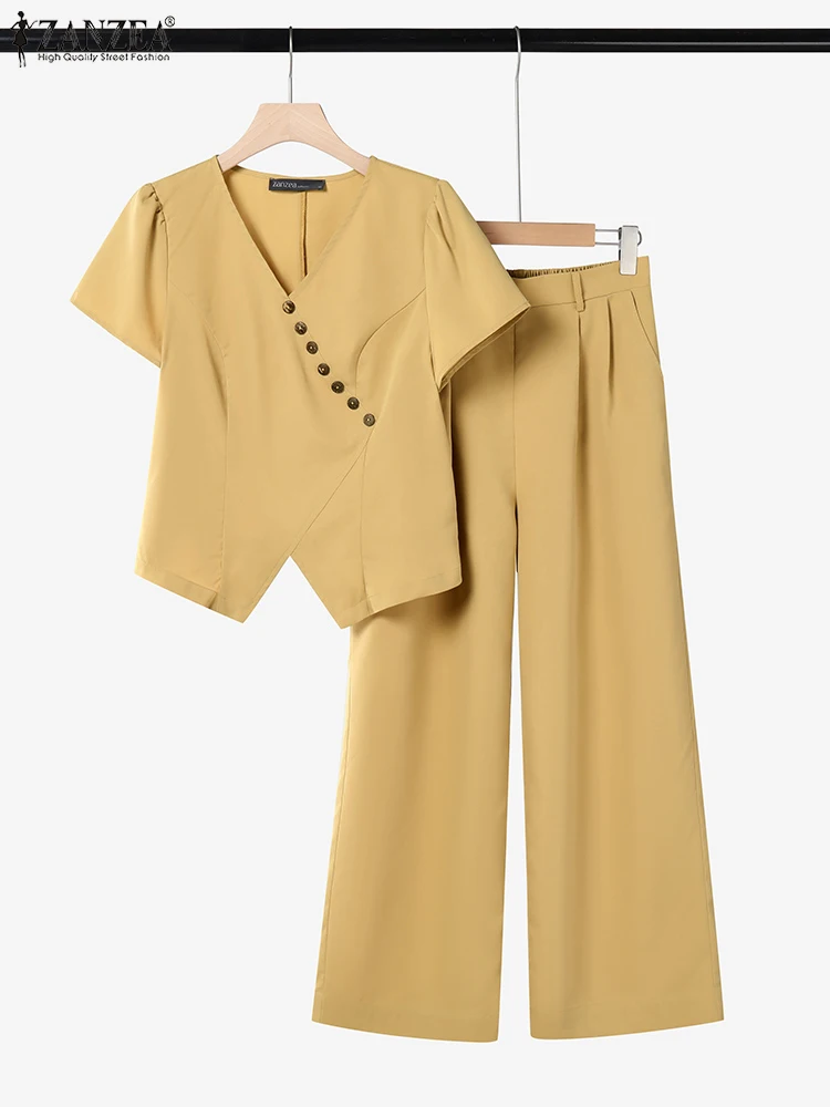 

ZANZEA Asymmetrical Placket Short Sleeve Tops Wide Leg Pants 2-Piece Sets Fashion Streetwear Commute Solid 2PCS Outfit Pant Sets