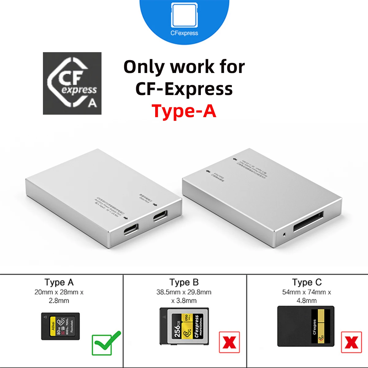 Chenyang USB3.0+USB-C to CFExpress Card Reader with Extension Cable for CFE Type-A/B Support CFA Memory Card