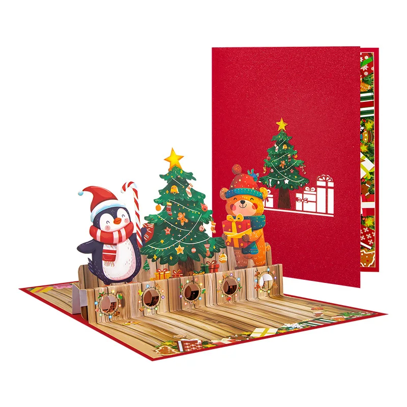 

2pcs Christmas Tree Greeting Cards Cat Xmas Party Three-dimensional Pop Up Card 3D Postcard With Envelope Holiday Supplies