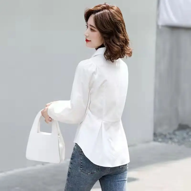 Slim Fit Long Sleeve Turn-down Collar Commute Style Single Button Pure Color White Open Cardigan Shirt Women's Fashion Top