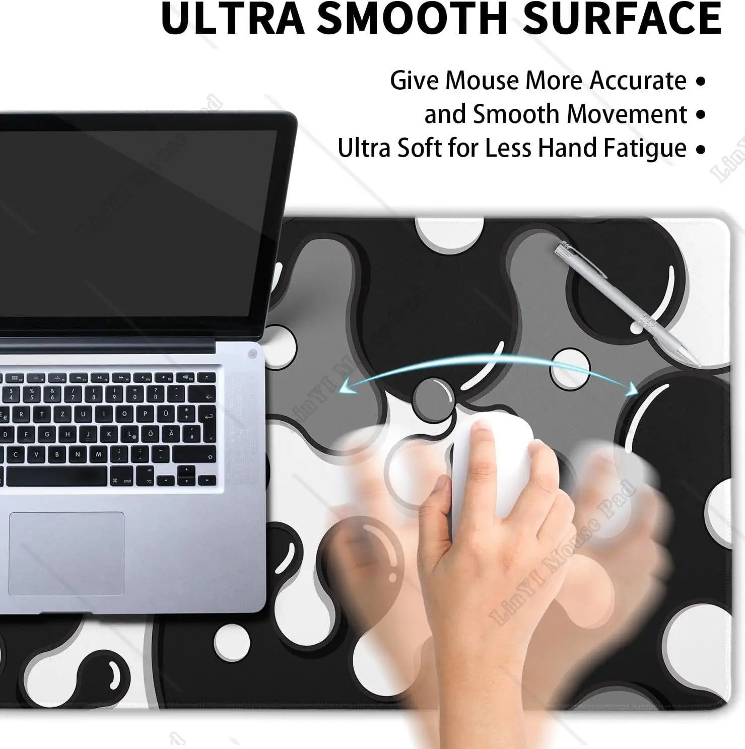 Mouse Pad Geométrico Antiderrapante, Base de Borracha, Borda Costurada, Tapete de Mesa, Desktop Gaming, Preto, Branco, Cinza, XL, 31,5 × 11,8 polegadas