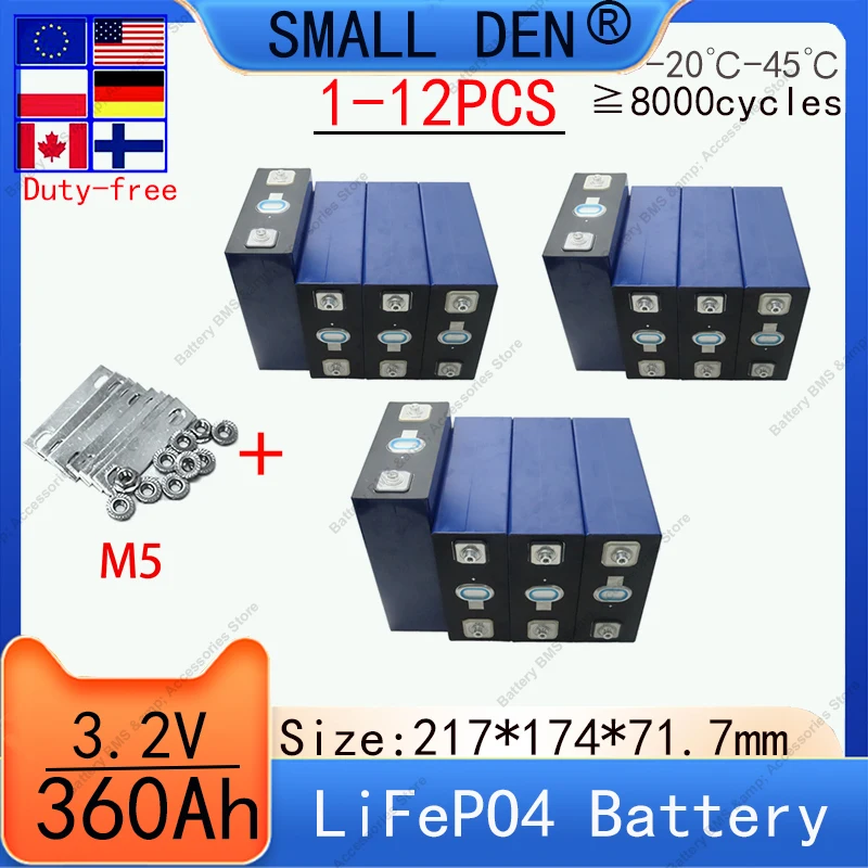 

Grade A 3.2V 360Ah LiFePO4 Rechargeable Battery Lithium Iron Phosphate for Travel Solar Campers Golf Cart Yacht Tax Free