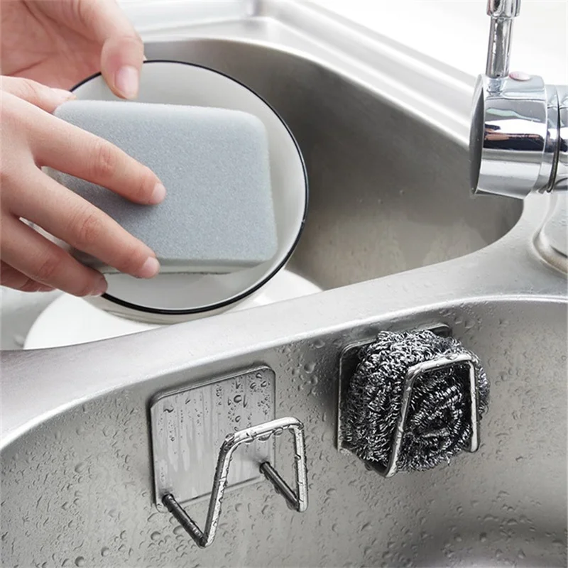 100Pcs Stainless Steel Punching-free Sponge Rack Holder Draining Paste Wall Cabinet Board Multi-functional Kitchen Supplies