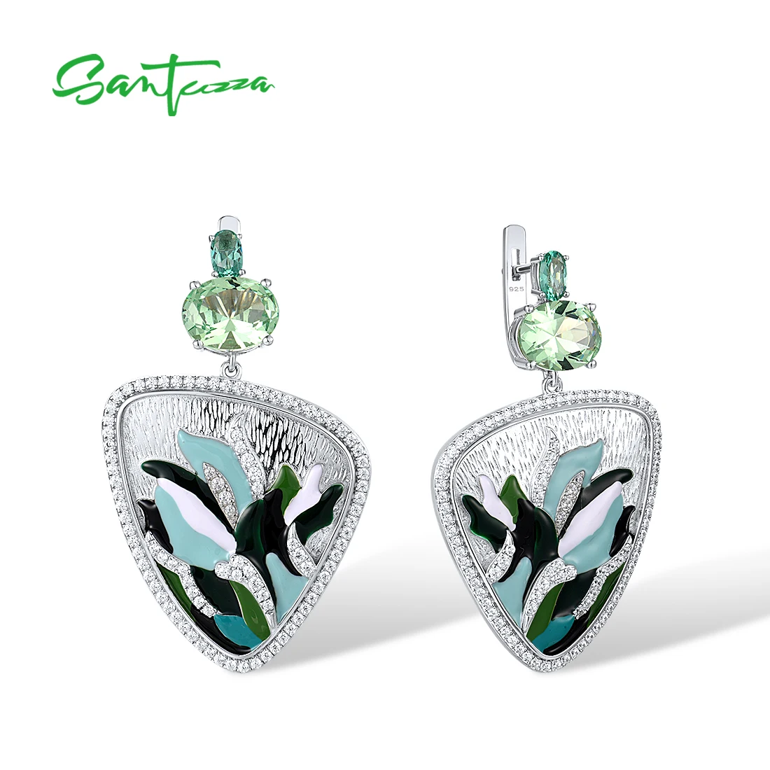 

SANTUZZA Genunine 925 Sterling Silver Earrings For Women Greenish Blue White CZ Spinel Trendy Gift Fine Jewelry Handmade Enamel