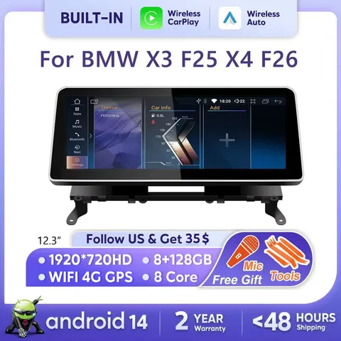 12.3 인치 자동차 라디오 헤드 유닛 Carplay 자동 멀티미디어 모니터 BMW X3 F25 X4 F26 안드로이드 14 자동차 액세서리 네비게이션