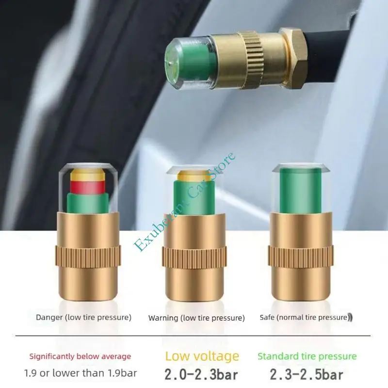 H3CE 8pcs Copper Tire Pressure Monitor Valves Stem Cap Featuring Real Time Detection Visual Color Alerts for Enhances Safety