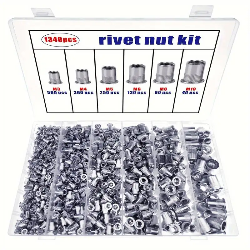 

1340PCS Aluminum Alloy Rivnut Flat Head Metric Threaded Rivet Insert Nutsert Cap Rivet Nut Gun Rivnut Assortment Nut box Tool