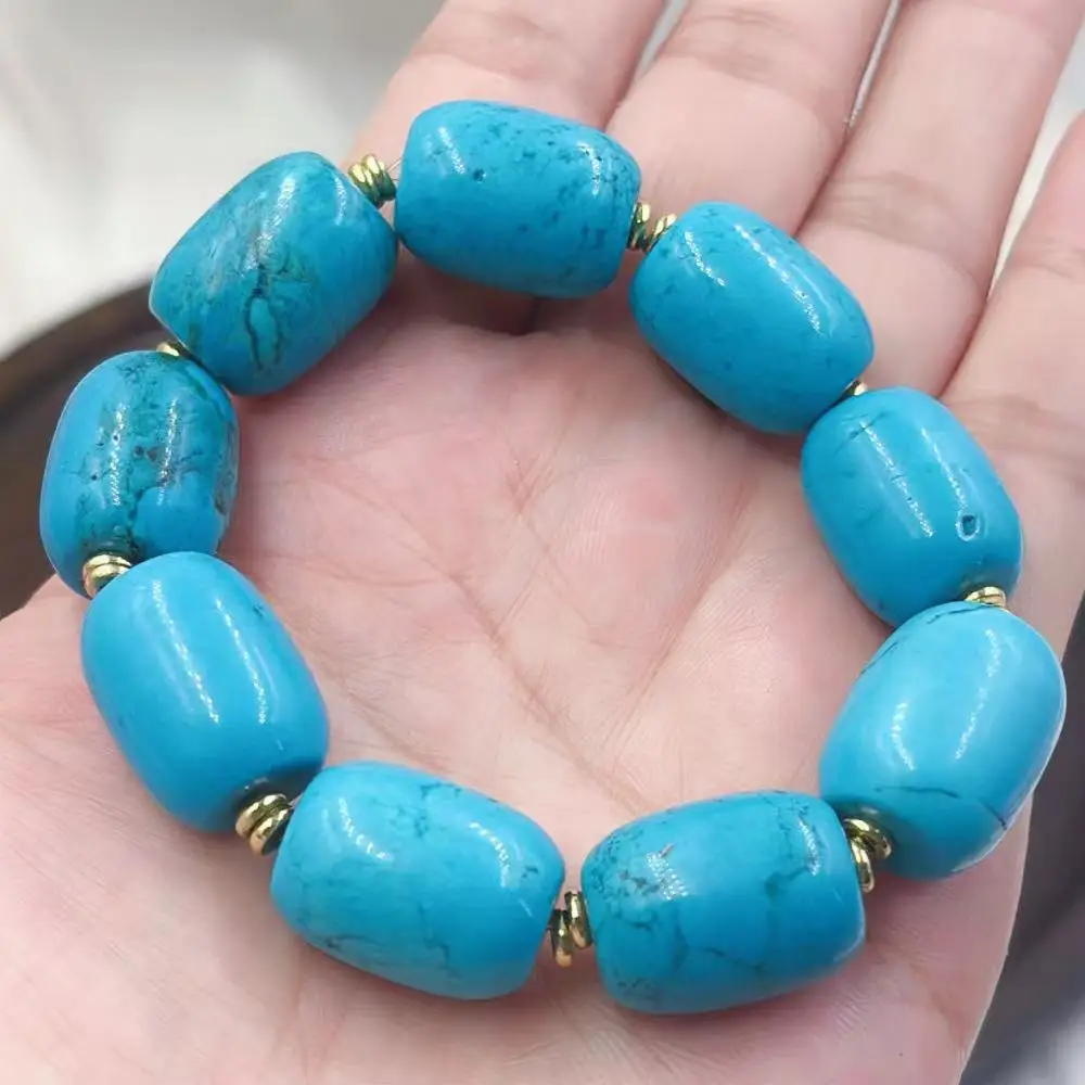 13x18mm Man Jewelry Natural Blue Turquoise Gift Gemstone Column Drum Beads Bracelet 7-9inch