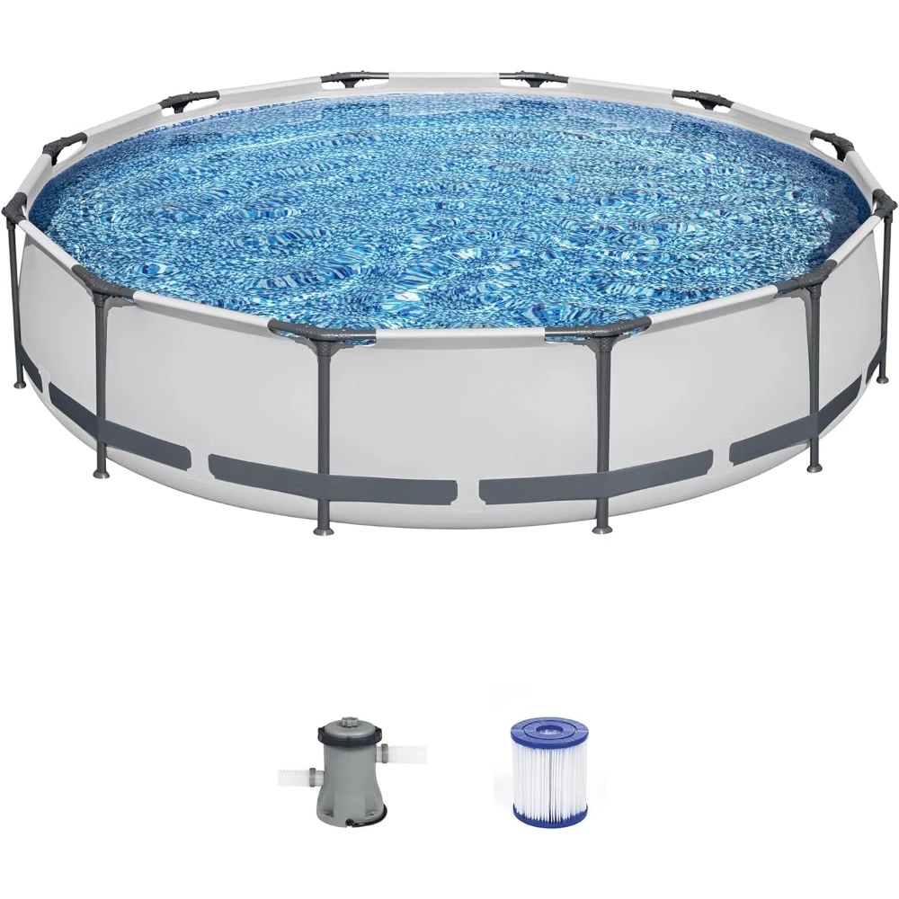 

12 ft x 30 Inch Round Metal Frame Above Ground Outdoor Backyard Pool Set with 330 GPH Filter Pump Large Family Pool