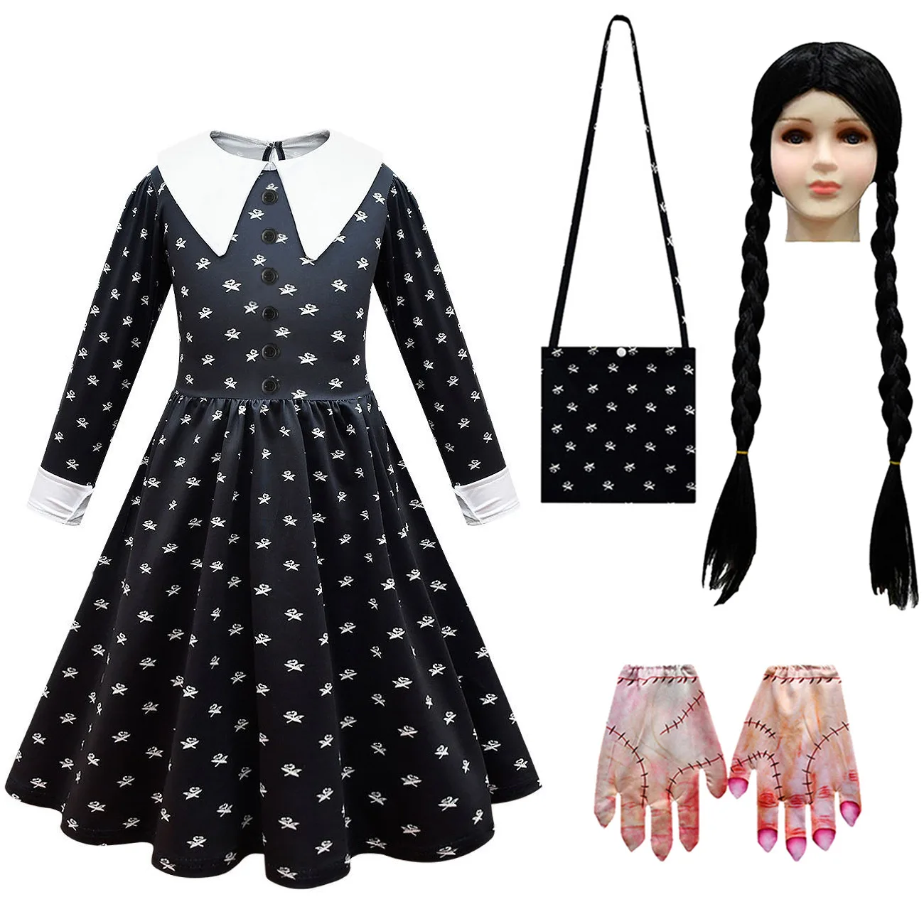 

Movie Wednesday Addams Girls Family Cosplay Costume Black Dress Wig Bag Gloves Suit Kids Halloween Carnival Party Dance Clothes