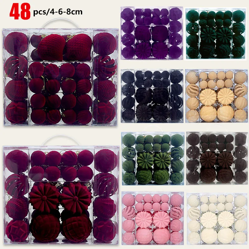 新しい48個入りベルベットクリスマスペンダントボールセット（4-6-8cm）プラスチック製クリスマスデコレーションボールアーミーグリーン＆バーガンディデコレーション