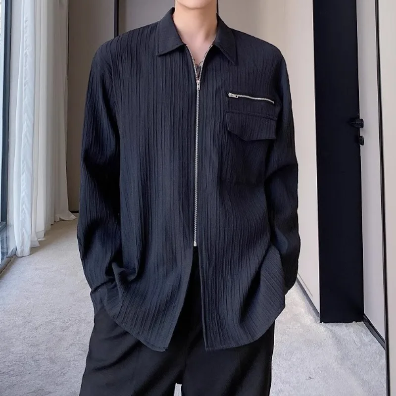 Trendy Simplicity Solid Color Long Sleeved Shirts Men's Zipper Design Lapel Shirt Fashion Loose Casual Shirts Social High Street