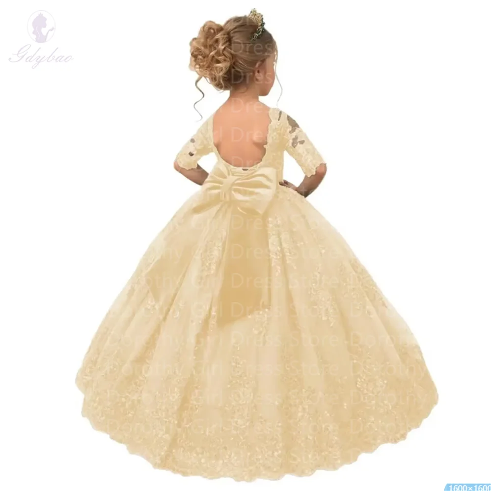 Witte Lange Half Mouw Prinses Bloemen Meisje Jurken Appliques Bow Tulle Wedding Party Ball Verjaardagsverkiezing
