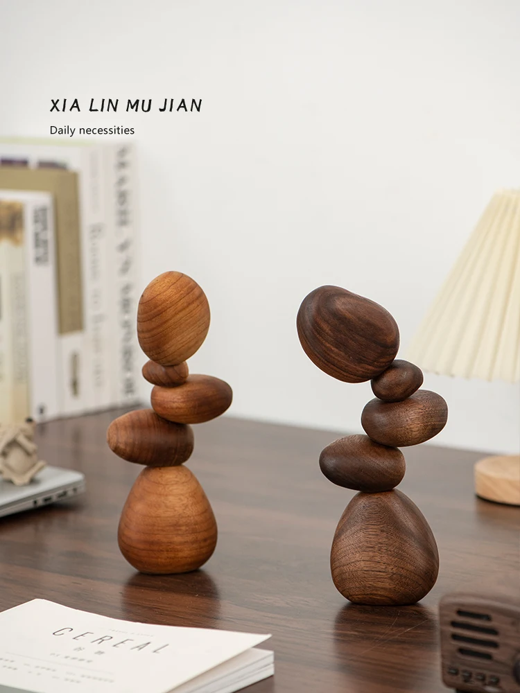 Modern Minimalist Wooden Balance Stone Sculpture Creative Office Desk Decorations Moving Gift Geometric Shape Home Decoration