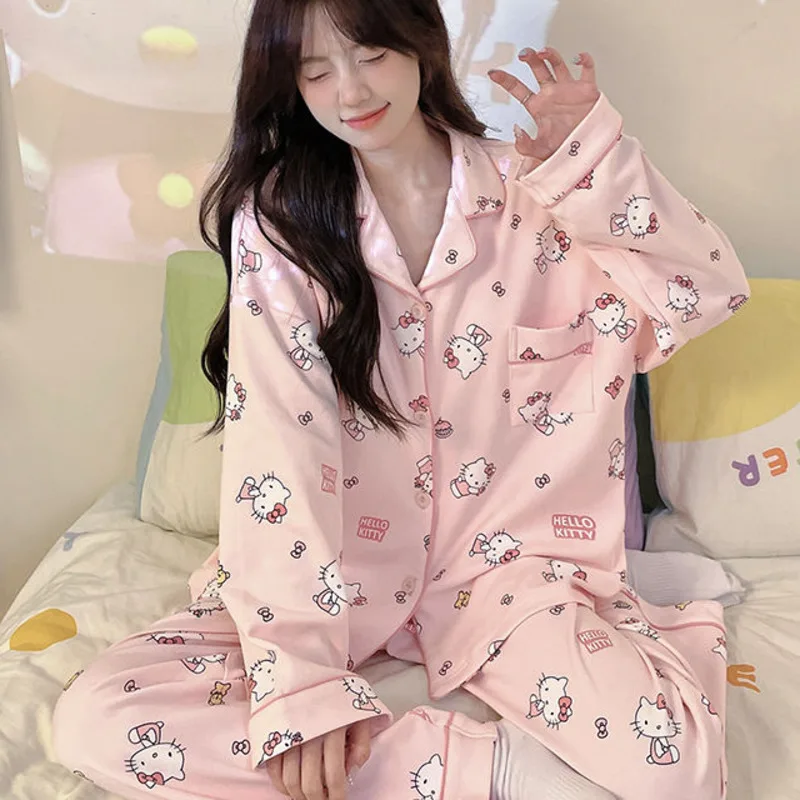 Women\'s Spring and Autumn Long Sleeve Beauty Hello Kitty 2 Pcs Pajama Set With Chest Pads Sleepwear Loose Student Home Clothes