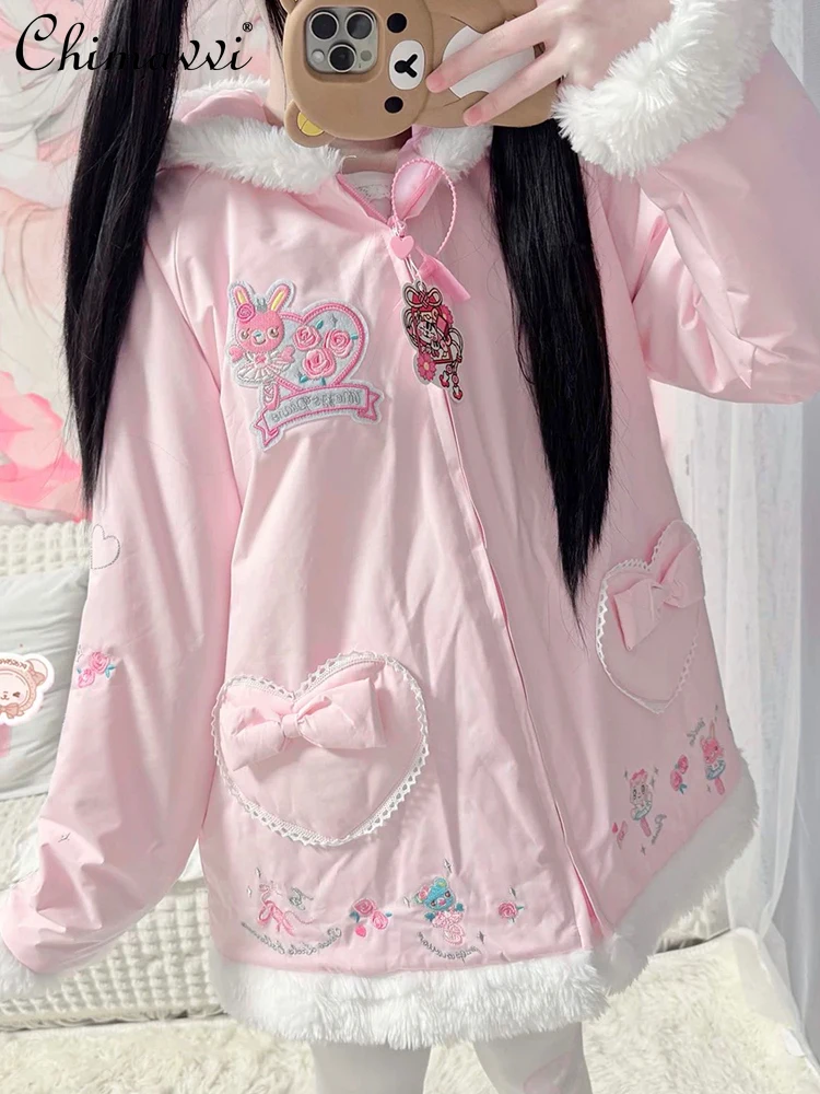 

New 2025 Winter Cute Girl Butterfly Knot Heart Hooded Fur Collar Cotton-padded Jacket Sweet Women's Thickened Warm Parkas Coat