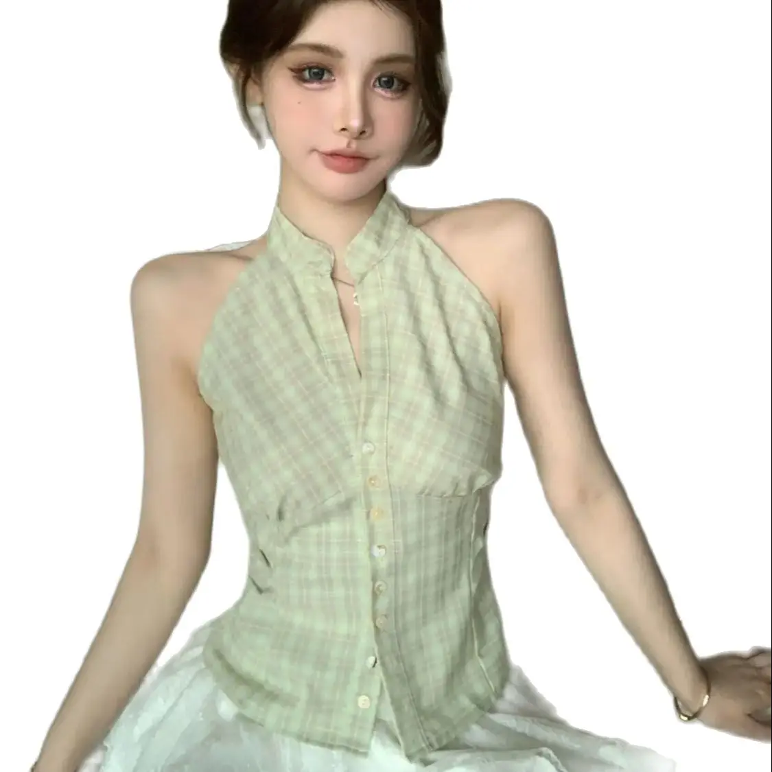 Shirt Sleeveless Plaid Lapel Summer Pleated Slim Fit Design Hot Girl Top Version Niche Pure Desire Korean Women Summer