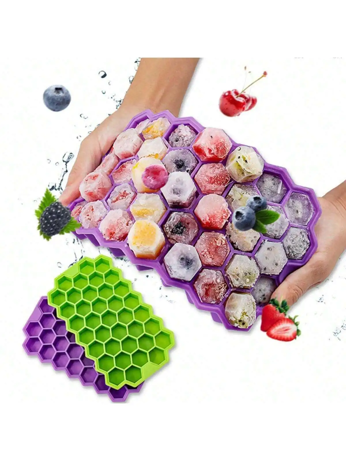 Silicone Honeycomb Ice Tray with Lid, Creative Stackable 37-Compartment Ice Box, Easy-To-Remove Ice Tray Ice Cube Mold