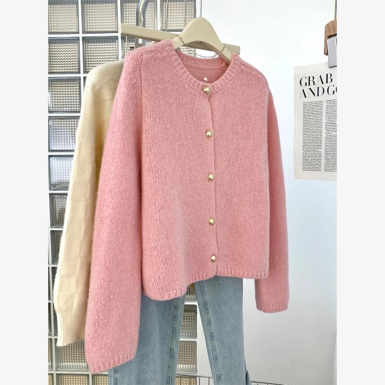 

Ele Pink Knitted Open Cardigan Sparkling Women's Sweater Autumn Beau Small Size Faion Ci Walk round Ne Nine Sve
