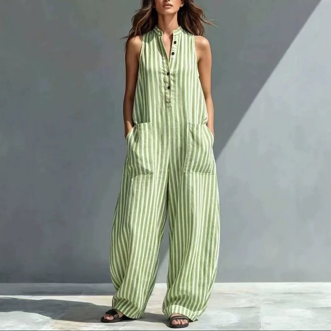 New Summer Sleeveless Jumpsuit Women's Stripes Print Button Pockets V-neck Casual Loose Fashion Versatile Simple Jumpsuit Pants