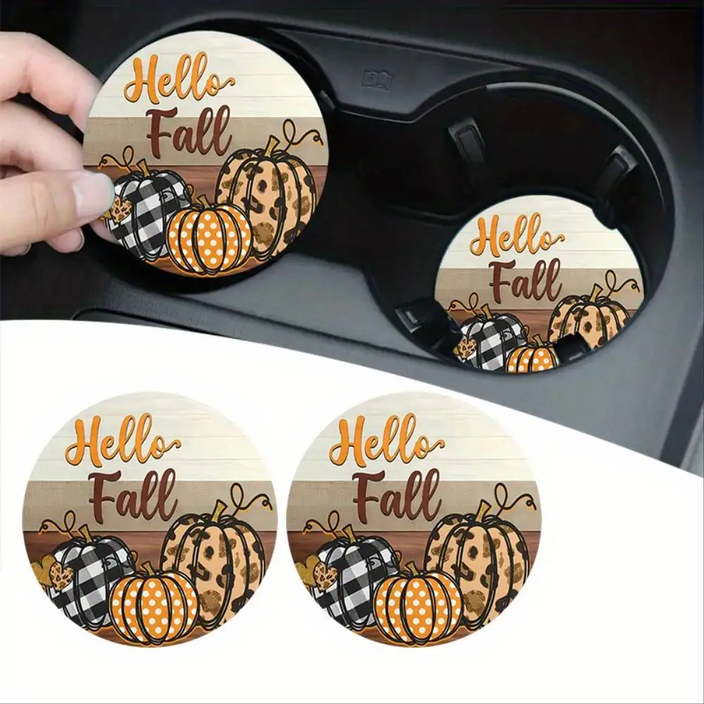 Hello Fall Pumpkin EVA Car Coasters Water Absorbent Odor-Free Thanksgiving Harvest Decor