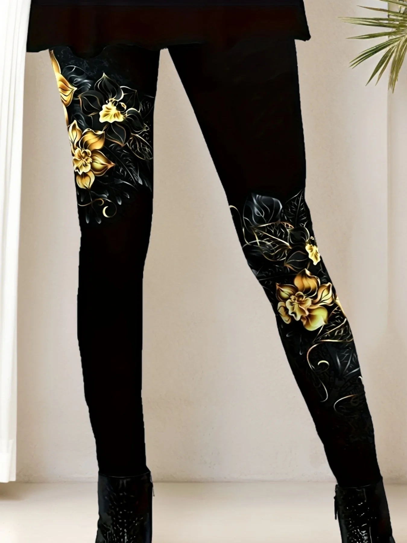 Women Mid‑Rise Fleece Lined Leggings Black Gold Floral Print Slim Stretchy Casual Party Yoga Pants