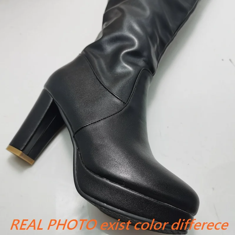 REAVE CAT Sexy Women Knee High Boots Round Toe Chunky Heels 9cm Platform 2cm 45 46 47 Female Daiting Booties