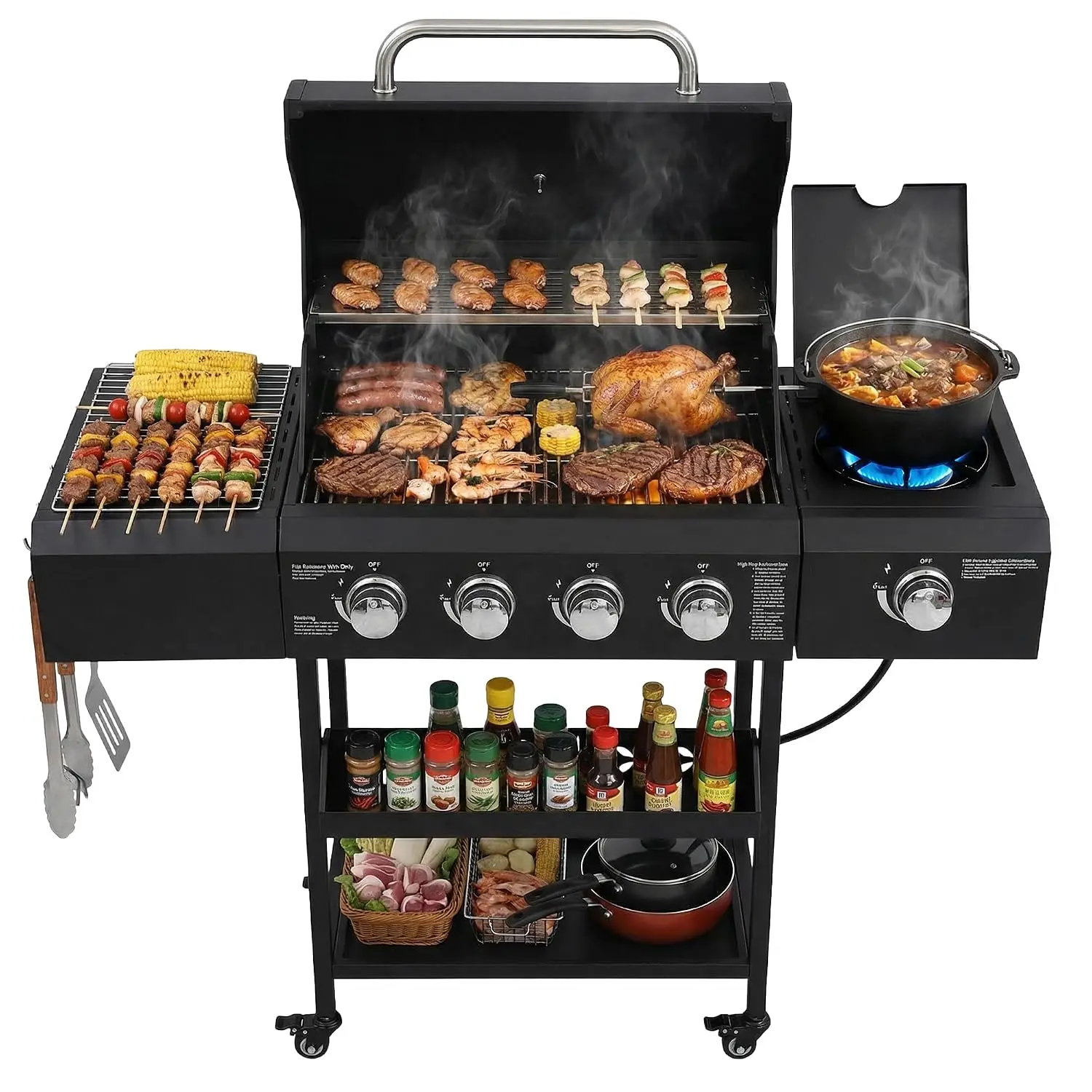 4 Burner Propane Gas Grill with Side Burner, 50,000BTU Outdoor BBQ Grills with Stainless Steel Grill, Top Cover Lid and Wheels