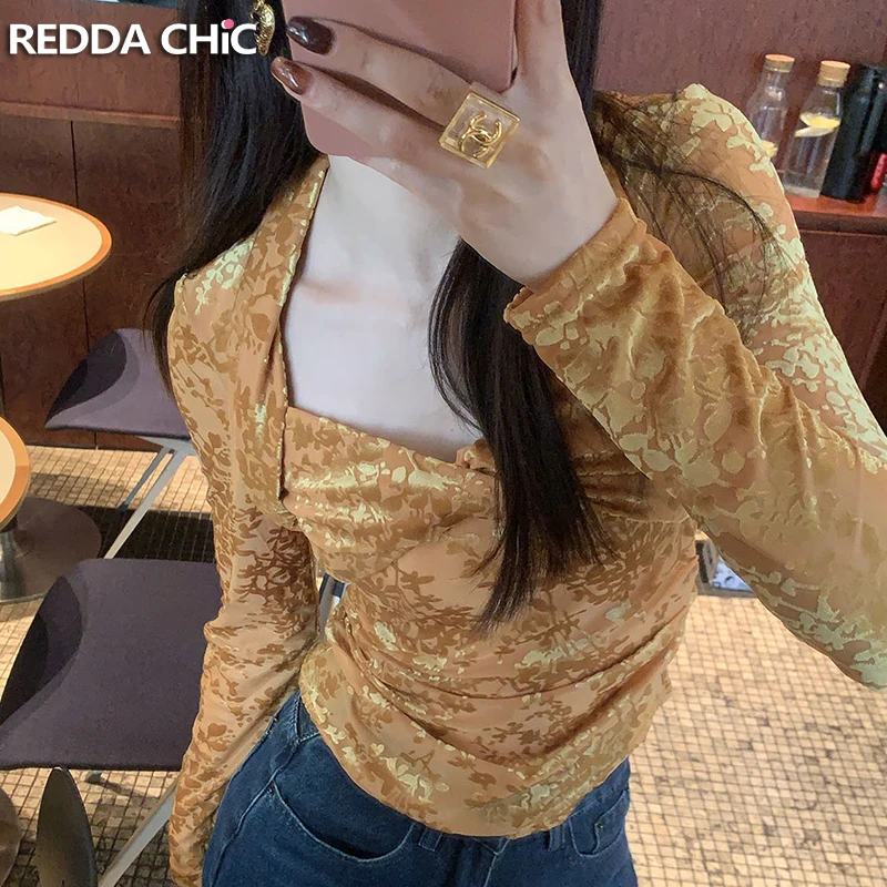 

ReddaChic Twist V-neck Shrug Top Women Casual Long Sleeves See-through Ruched Velvet Jacquard T-Shirt Pretty Elegant Undershirt